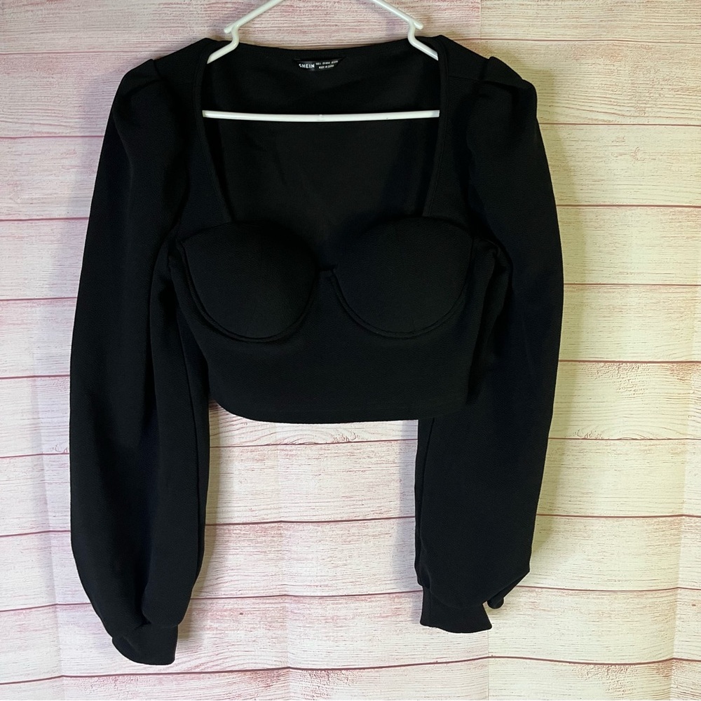 SHEIN  Sweetheart Neck Puff‎ Long Sleeve Crop Blouse Top Size Large